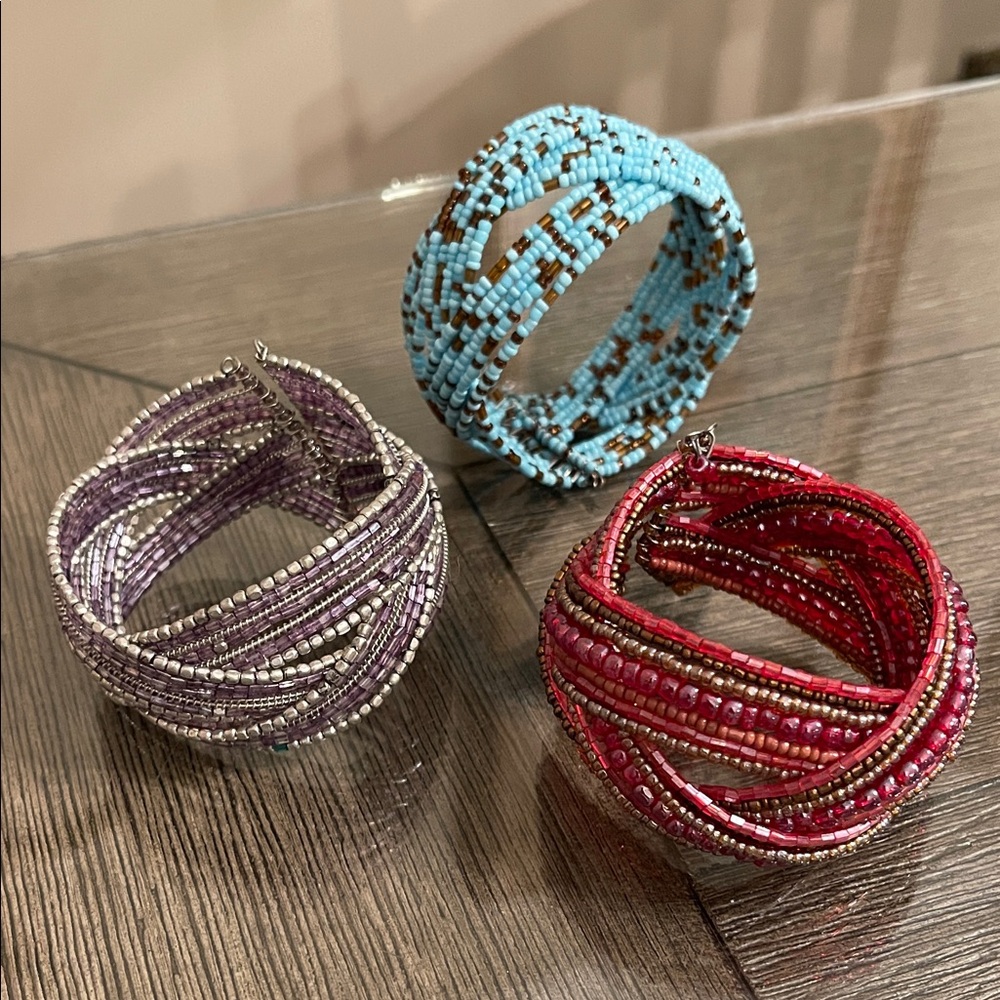 Vintage Style Seed Bead braided Memory Wire  Bracelets  Red, Purple, Blue
